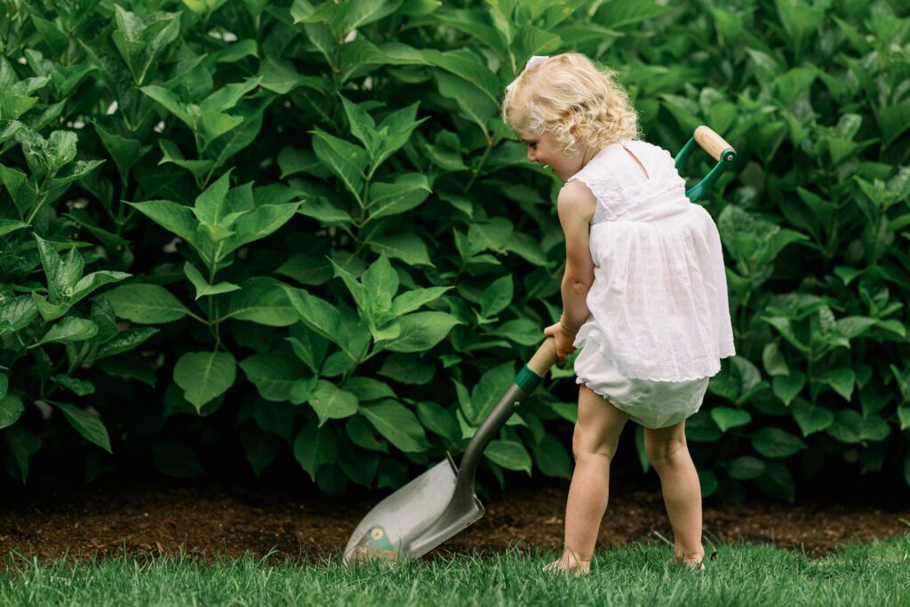 Toddler in a white dress shovels dirt next to bushes.