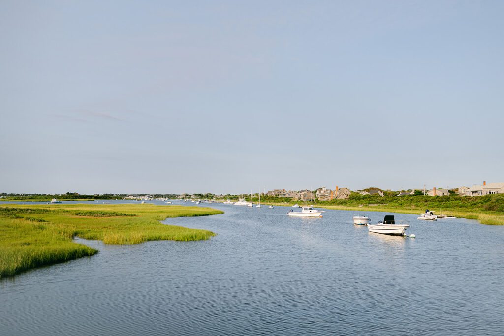 Lush green grass compliments the blue of the ocean's inlet, scattered with little dingy's and some beach houses along the shoreline. 