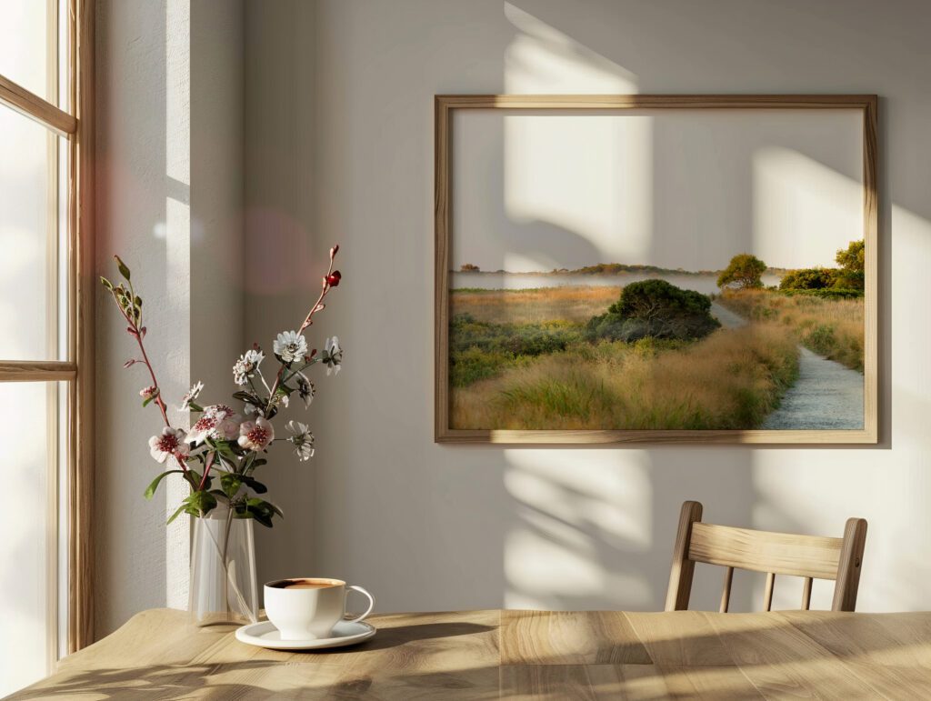 Scene from a breakfast room with a framed print of a Nantucket nature scene on the wall behind the breakfast table.